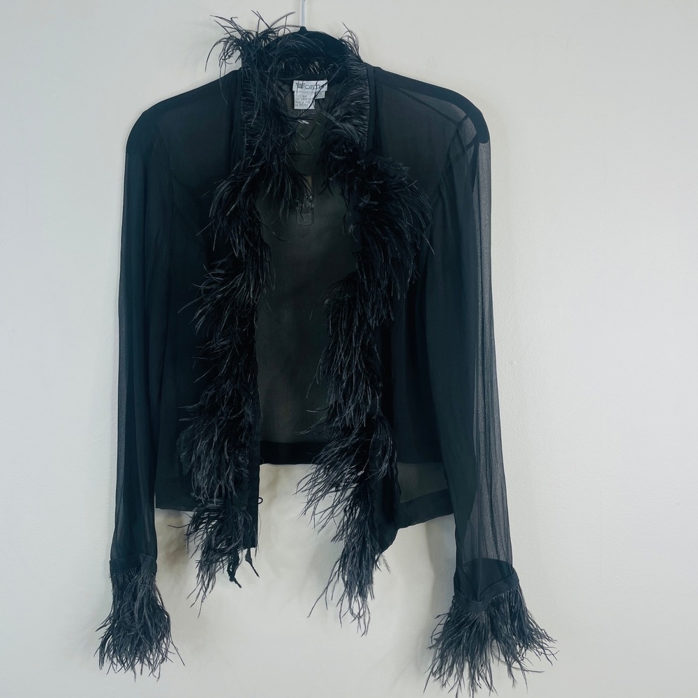 Vintage Worth Silk Ostrich Feather Cardigan 6 Sheer Mesh Whimsigoth Fairy Small